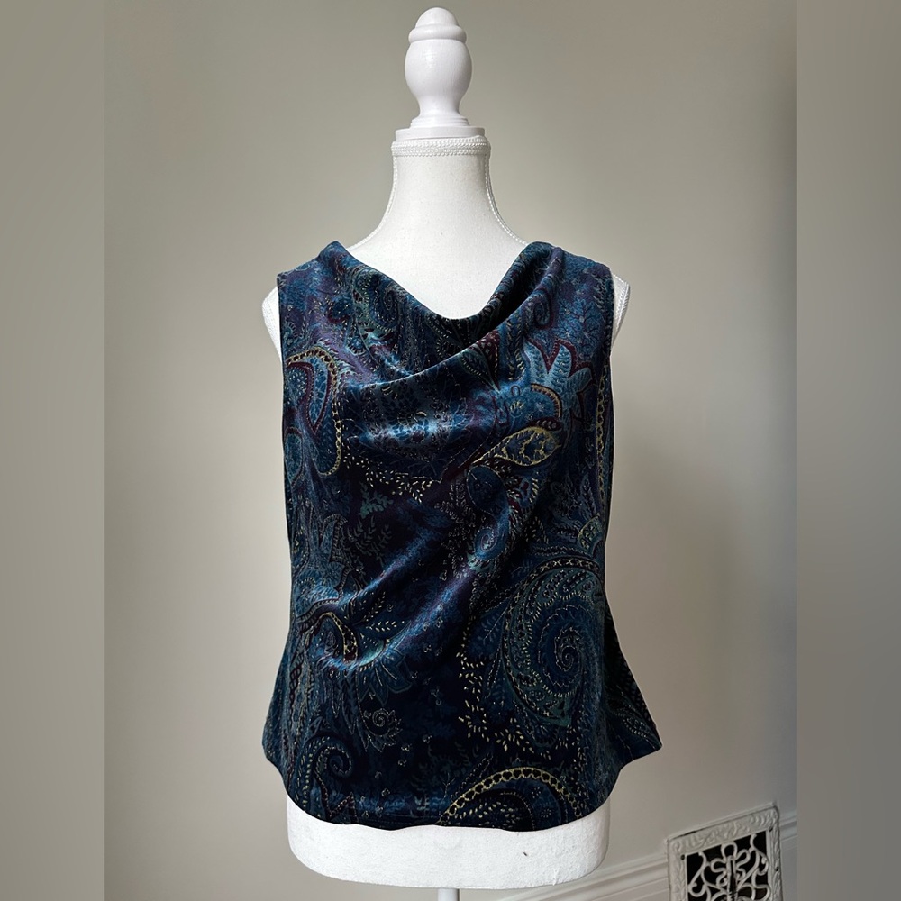 RONNI NICOLE Vintage Blue Velvet Paisley Festival Cowl Neck Tank Top Size M